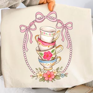 Vintage Teacup Stack PNG, Floral Cottagecore Clipart, Tea Party Graphic, Coquette Aesthetic PNG