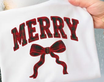 Merry Plaid Bow Christmas Sweatshirt, Holiday Crewneck (PNG Digital Download)