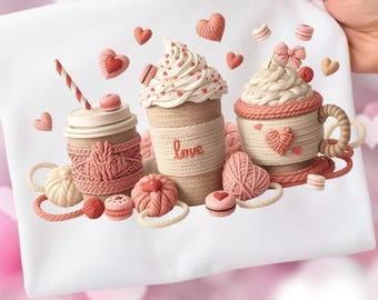 Yarn Coffee Valentine PNG , Knit Hot Cocoa Design , valentine's Day, Valentine Coffee lover PNG, crochet iced coffee png, Sublimation PNG