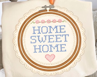 PNG inspirado en punto de cruz vintage, PNG de hogar dulce hogar, núcleo de abuela inspirado en los 90, PNG de decoración de segunda mano, diseño con forma de vieira