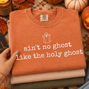 May include: A burnt orange crewneck t-shirt featuring a white graphic of a ghost and the text "ain't no ghost like the holy ghost" printed on the front. The shirt has a Comfort Colors brand label at the inner neckline and is size medium.
