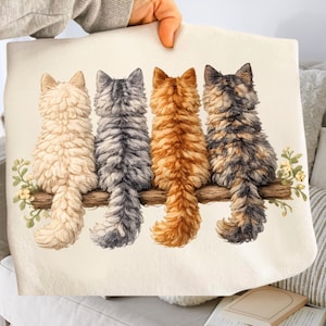 Cottagecore Cats Art png, Vintage Cozy Cat Illustration ,Four Cats on Branch Wall Art ,Farmhouse Animal Decor