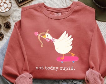 May include: A terracotta-colored sweatshirt with a graphic of a white goose riding a pink skateboard and holding a bow and arrow. The text "not today cupid" is printed below the graphic. The sweatshirt has cuffed sleeves.