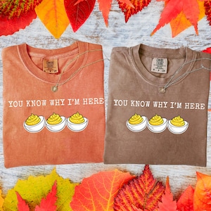 Könnte beinhalten: Zwei Comfort Colors T-Shirts, eines orangefarbenes und eines braunes, mit dem Text "YOU KNOW WHY I'M HERE" und einer Grafik von drei gefüllten Eiern. Jedes Shirt hat eine goldene Halskette. Herbstblätter umgeben die Shirts.