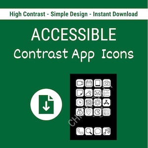 Pode incluir: Um gráfico digital com o texto High Contrast - Simple Design - Instant Download, ACCESSIBLE e Contrast App Icons. Exibe um ícone de download branco num círculo e um retângulo preto contendo uma grelha de ícones de aplicações brancos.