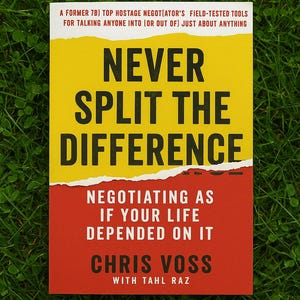 May include: A book titled "Never Split the Difference" by Chris Voss, with Tahl Raz, on a green grassy surface. The book has a yellow and red cover with bold black text. The cover text includes "Negotiating as if your life depended on it."