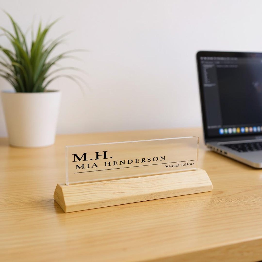 Custom Desk Sign, Engraved Desk Name Plate, Clear Acrylic & Wood Stand ...