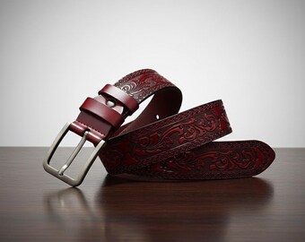 Floral Embossed Vegan Leather Belt – Antique Gold Western  display picture 2