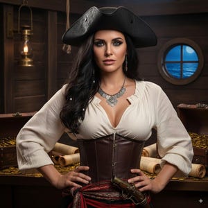 Puede incluir: Una persona con un disfraz de pirata, con un sombrero negro, una blusa blanca, un corsé marrón y una faja roja. La persona sostiene una pistola. El fondo incluye un cofre del tesoro y un ojo de buey con vista al mar.