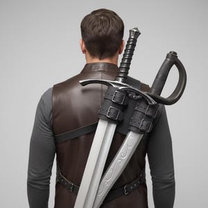 以下が含まれることがあります： 銀色の刃と黒い柄の2本の剣が、銀色のバックルが付いた黒い革の鞘に収められています。 剣は茶色の革のハーネスで背中に運ばれます。 その人は茶色の革のベストと灰色の長袖シャツを着ています。