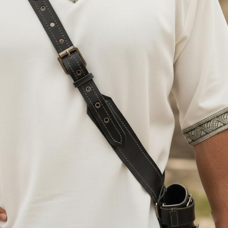 May include: Black leather shoulder strap with a metal buckle and decorative stitching. The strap is attached to a black leather holster. The background is a white shirt with decorative embroidery on the sleeve.