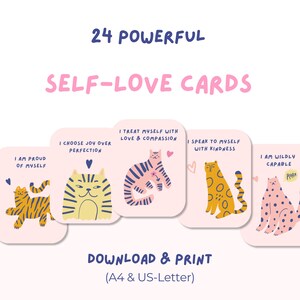 Könnte beinhalten: Ein Set von 24 Selbstliebe-Karten mit Katzenillustrationen. Jede Karte enthält eine positive Affirmation wie "Ich bin stolz auf mich" und "Ich wähle Freude über Perfektion". Die Karten sind als Download und zum Ausdrucken in A4 und US-Letter verfügbar.