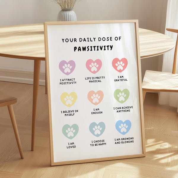 Daily affirmations print for more pawsitivity - Colorful mental health poster - Digital download