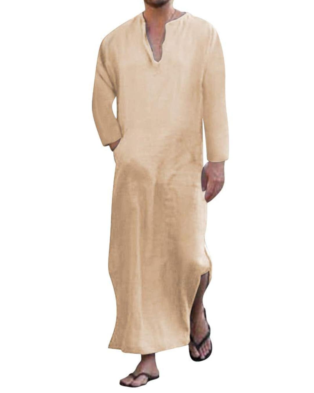 Thope Robe Mens Linen Kaftan | Light Brown Thobe Robe, V-neck Loungewear - Etsy