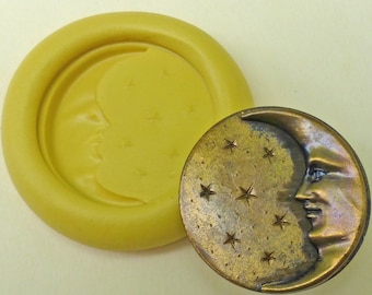 Vintage button mold- Man in the Moon, Stars,  flexible silicone, PMC, Art Clay Silver, fimo, Sculpey, jewelry F3, SMALL SIZE