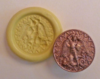 Vintage Stamping mold- Medium Saint Michael, dragon slayer, flexible silicone push mold, PMC, Art Clay Silver, Sculpey, jewelry mold M12