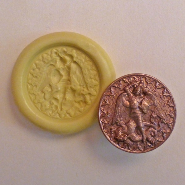 Vintage Stamping mold- Medium Saint Michael, dragon slayer, flexible silicone push mold, PMC, Art Clay Silver, Sculpey, jewelry mold M12