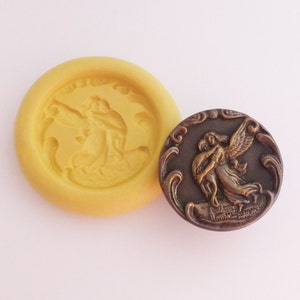 Antique button mold- Guardian Angel, flexible silicone push mold, PMC, Art Clay Silver, fimo, Sculpey, resin, ceramic, jewelry mold V1