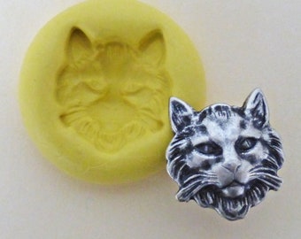 Antique button mold- Cat face, flexible silicone push mold, PMC, Art Clay Silver, fimo, Sculpey, jewelry mold F16