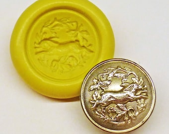 Antique button mold- Running Rabbit, flexible silicone push mold, PMC, Art Clay Silver, fimo, Sculpey, jewelry mold F21