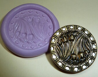 Antique button mold- Tulips, floral, flexible silicone push mold, PMC, Art Clay Silver, fimo, Sculpey, jewelry mold C5