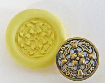 Antique button mold-floral, flower, flexible silicone push mold, PMC, Art Clay Silver, fimo, Sculpey, jewelry mold V23