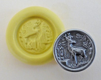 Antique button mold- Deer and tree, flexible silicone push mold, PMC, Art Clay Silver, fimo, Sculpey, jewelry mold M18