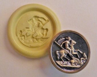 Antique button mold- Saint George the dragon slayer, flexible silicone push mold, PMC, Art Clay Silver, fimo, Sculpey, jewelry mold M4