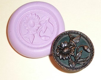 Antique button mold- Flowers and Butterfly, flexible silicone push mold, PMC, Art Clay Silver, fimo, Sculpey, jewelry mold C10