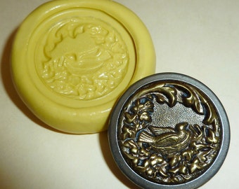 Antique button mold-bird in a nest with flowers, flexible silicone push mold, PMC, Art Clay Silver, fimo, Sculpey, jewelry mold T15