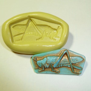 May include: A light yellow mold with a grasshopper design and a teal and gold grasshopper-shaped object. The grasshopper is detailed with legs, antennae, and wing patterns. The mold is oval-shaped.