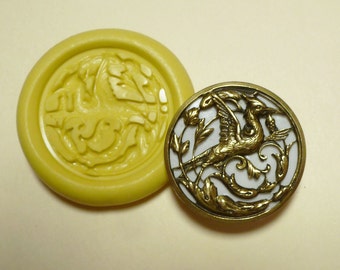 Antique button mold- flexible silicone push mold, Bird, PMC, Art Clay Silver, fimo, Sculpey, jewelry mold B14