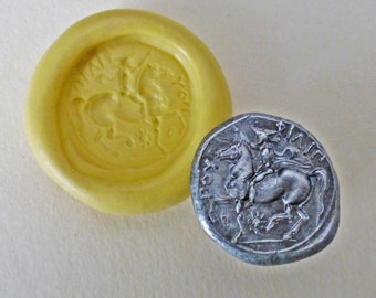 Silicone mold, Ancient Greek coin replica, Horse and Rider, flexible silicone push mold, PMC, Art Clay Silver, jewelry mold G15