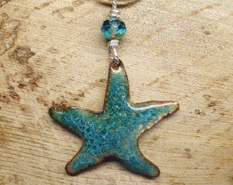 Enamel Starfish Pendant, Handmade enamel on copper, Crackle enamel, Green and teal enamel, Starfish necklace, teal bead connector, E3