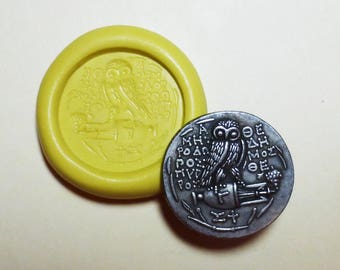 Silicone mold, Athena's Owl, Ancient Greek coin replica, flexible silicone push mold, PMC, resin, fimo, Sculpey, jewelry mold V13