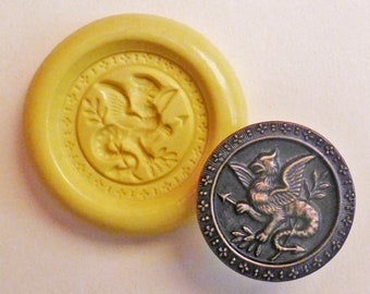 Antique button mold, Griffon, Gryphon, flexible silicone push mold, PMC, Art Clay Silver, fimo, Sculpey, jewelry mold M1
