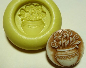 Antique button mold- flowers in pot, flexible silicone push mold, PMC, Art Clay Silver, fimo, Sculpey, jewelry mold D9