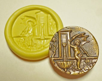 Antique button mold- flexible silicone push mold, Cupid at the fountain, PMC, Art Clay Silver, fimo, Sculpey, jewelry mold B5