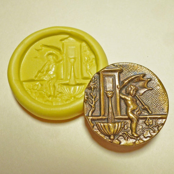 Antique button mold- flexible silicone push mold, Cupid at the fountain, PMC, Art Clay Silver, fimo, Sculpey, jewelry mold B5