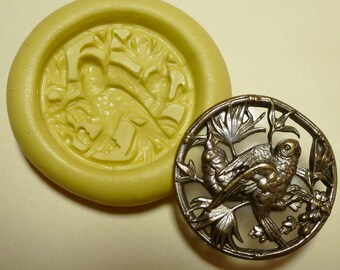 Antique button mold- Birds, Parrots in a tree, flexible silicone push mold, PMC, Art Clay Silver, fimo, Sculpey, jewelry mold Q13