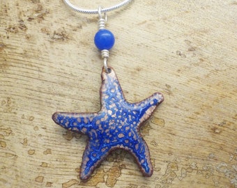 Enamel Starfish Pendant, Handmade enamel on copper, Crackle enamel,  Cobalt blue enamel,blue bead connector, E4