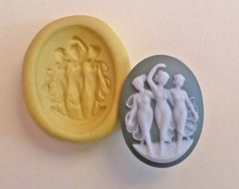 Button mold- Three Graces, flexible silicone push mold, PMC, Art Clay Silver, fimo, Sculpey, jewelry mold M11