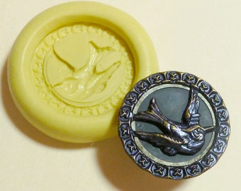 Antique button mold- Bird, flexible silicone push mold, PMC, Art Clay Silver, fimo, Sculpey, jewelry mold R11