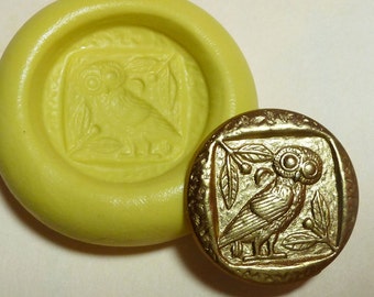 Antique button mold, Athena's Greek Owl, flexible silicone push mold, PMC, Art Clay Silver, fimo, Sculpey, jewelry mold Q11