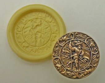 Antique button mold- 16th century man, Returning Victorious, flexible silicone push mold, PMC, Art Clay Silver, Sculpey, jewelry mold Z16