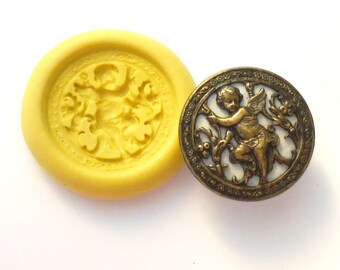 Antique button mold- Cherub, Cupid, flexible silicone push mold, PMC, Art Clay Silver, fimo, Sculpey, resin, ceramic, jewelry mold V6