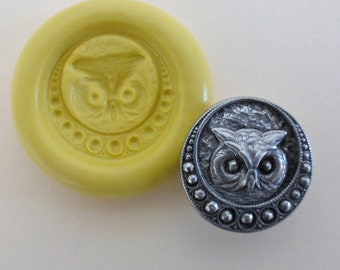 Antique button mold, Owl face, flexible silicone push mold, PMC, Art Clay Silver, fimo, Sculpey, jewelry mold A9