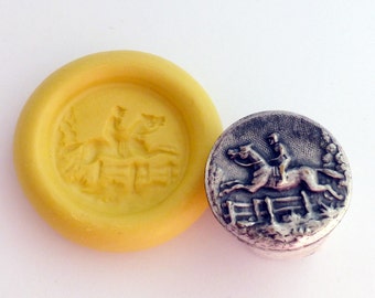 Antique button mold- Horse and Rider, flexible silicone push mold, PMC, Art Clay Silver, fimo, Sculpey, resin, ceramic, jewelry mold V4