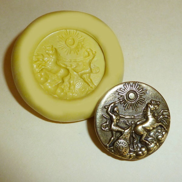 Antique button mold-horses and chariot, flexible silicone push mold, PMC, Art Clay Silver, fimo, Sculpey, jewelry mold T17