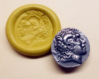 Silicone mold, Ancient Greek coin replica, Alexander the Great, Horn of Ammon, flexible push mold, PMC, Art Clay Silver, jewelry mold G11